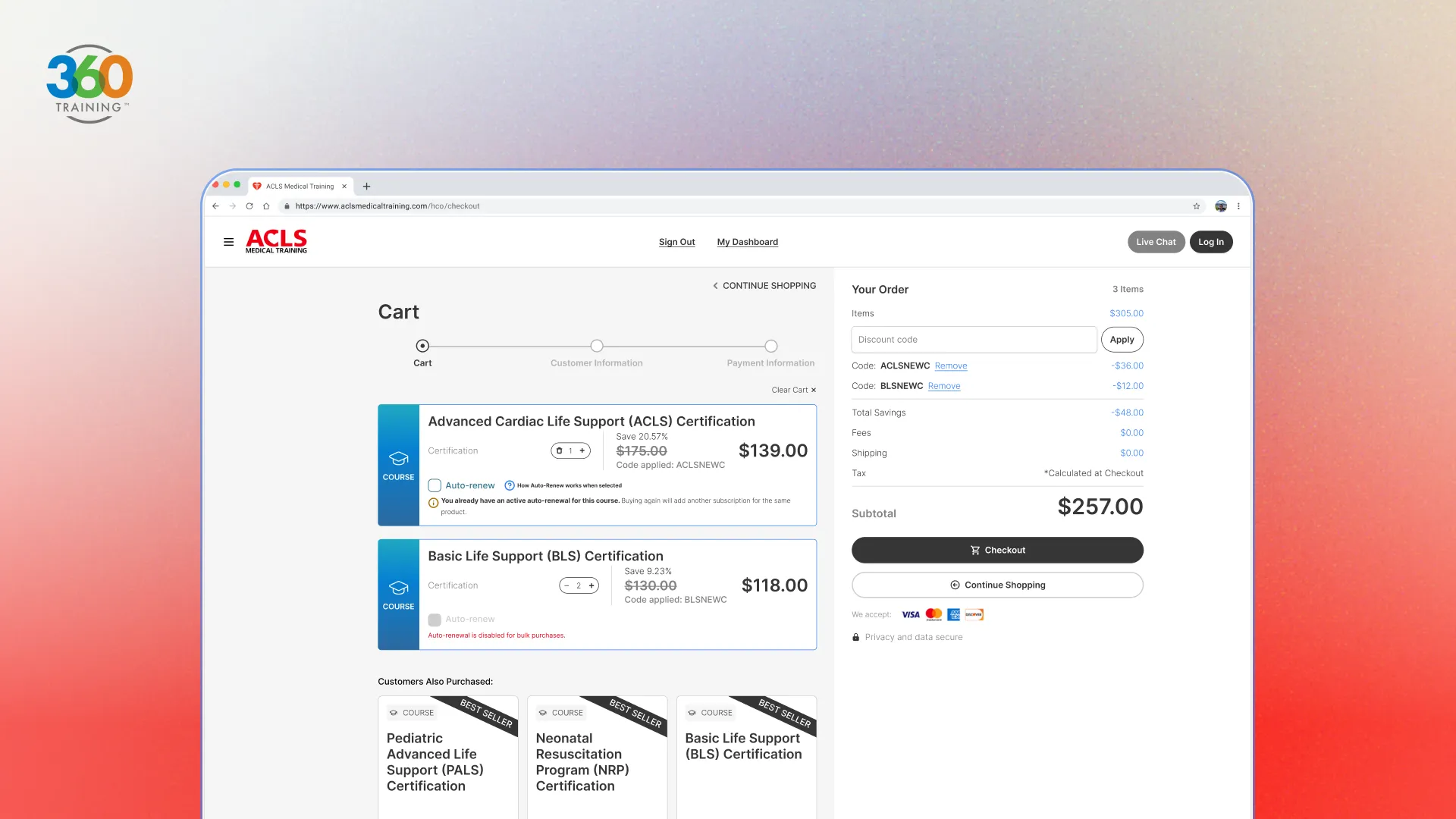 ACLS Medical Training checkout showing cart line items for certification courses, applied promo discounts, a customers-also-purchased row, and an order summary with checkout.