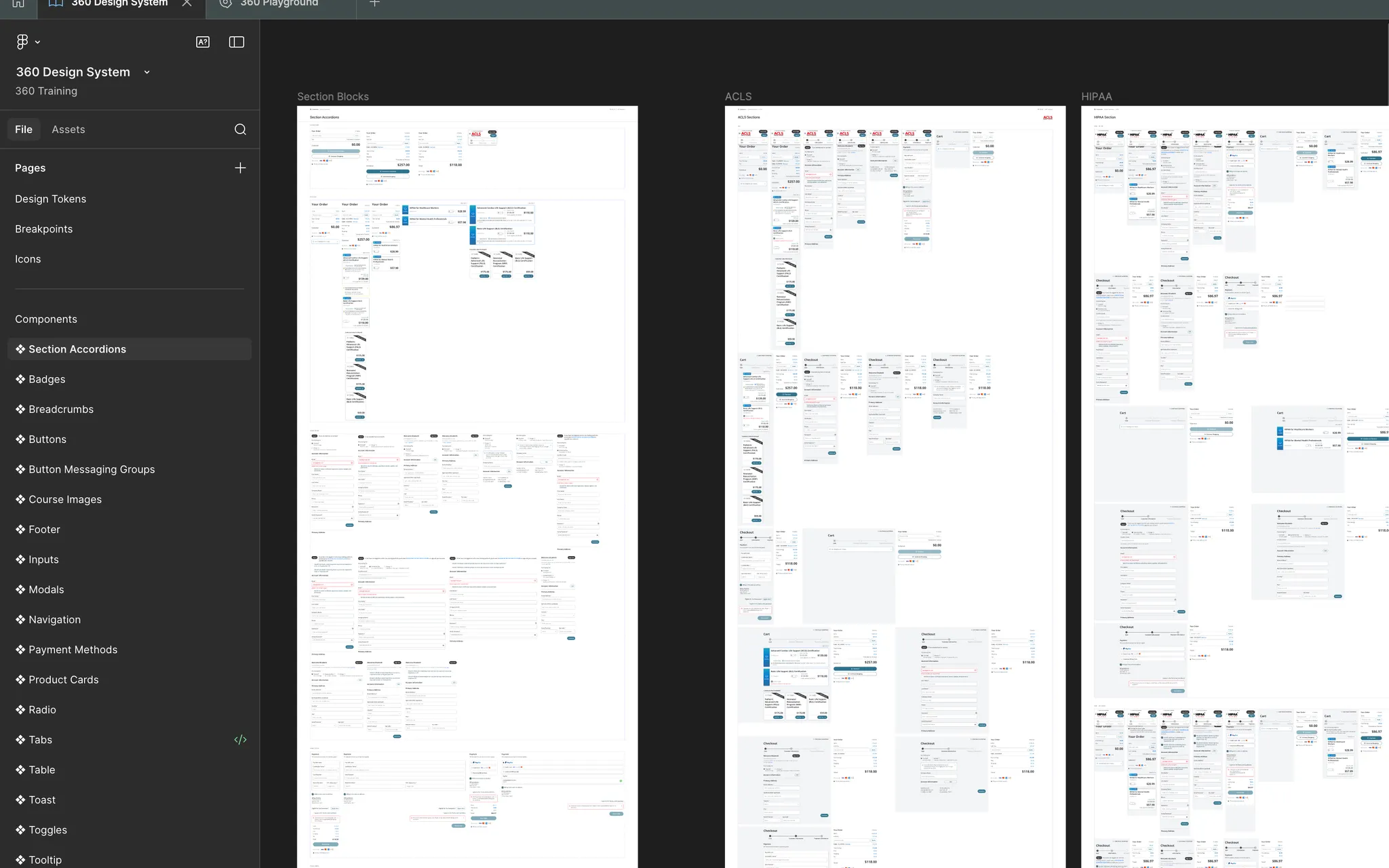 360training design system boards showing section blocks and component patterns across ACLS and HIPAA training experiences.