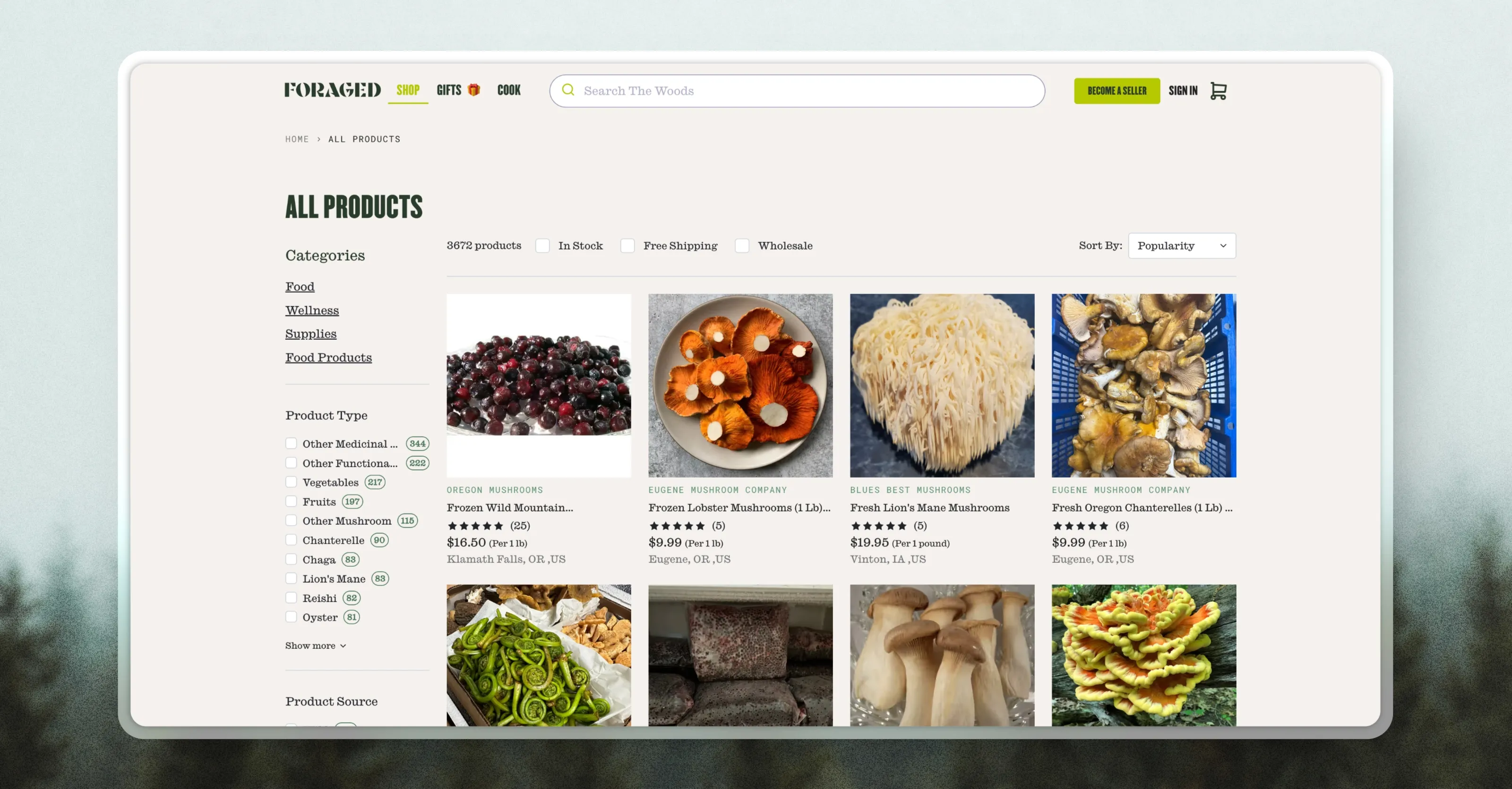 Foraged marketplace All Products page with filters for wild foods and wellness, and a grid of vendor listings for mushrooms, berries, and specialty ingredients.
