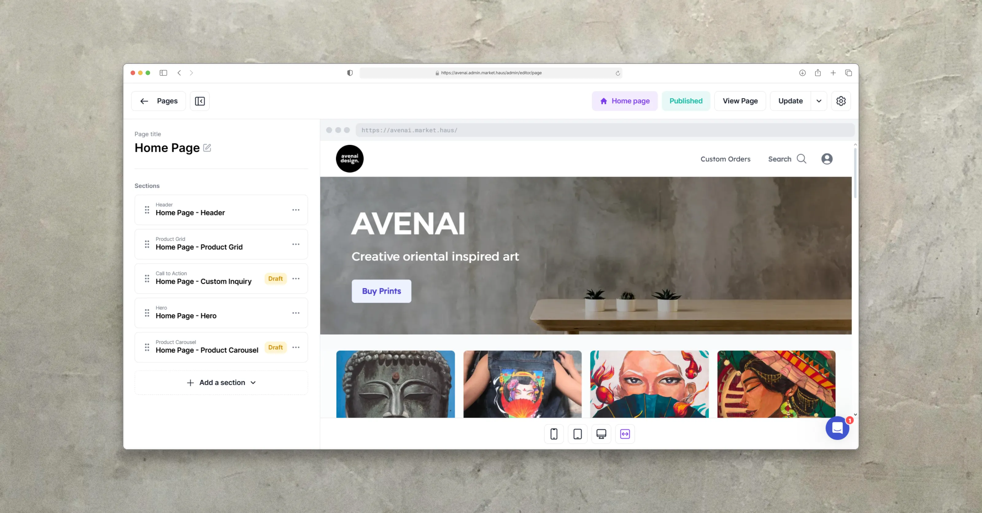 MarketHaus page builder interface previewing an Avenai storefront home page with editable page sections.