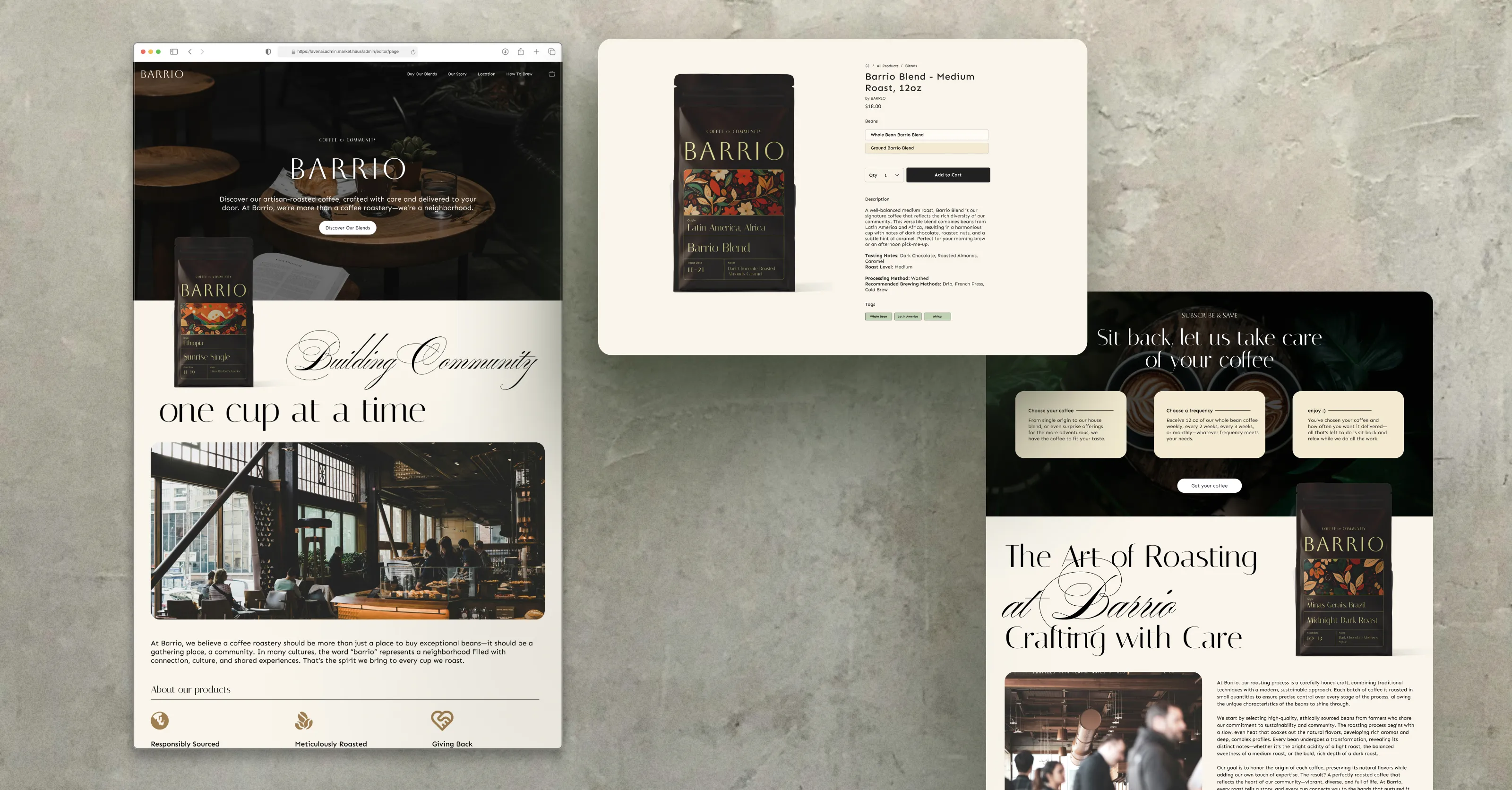 MarketHaus storefront mockups for Barrio coffee showing homepage, product detail, and content sections.