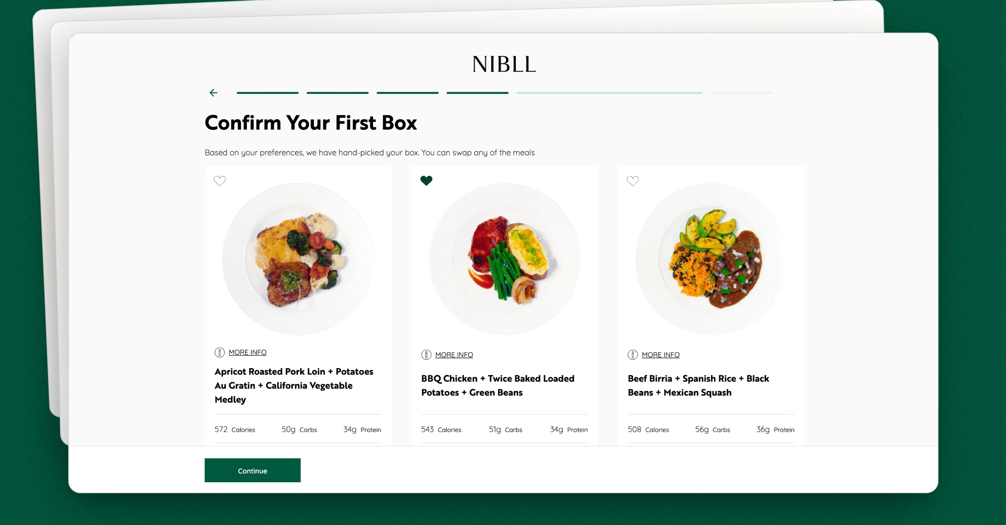 NIBLL checkout flow screen for confirming the first meal box.