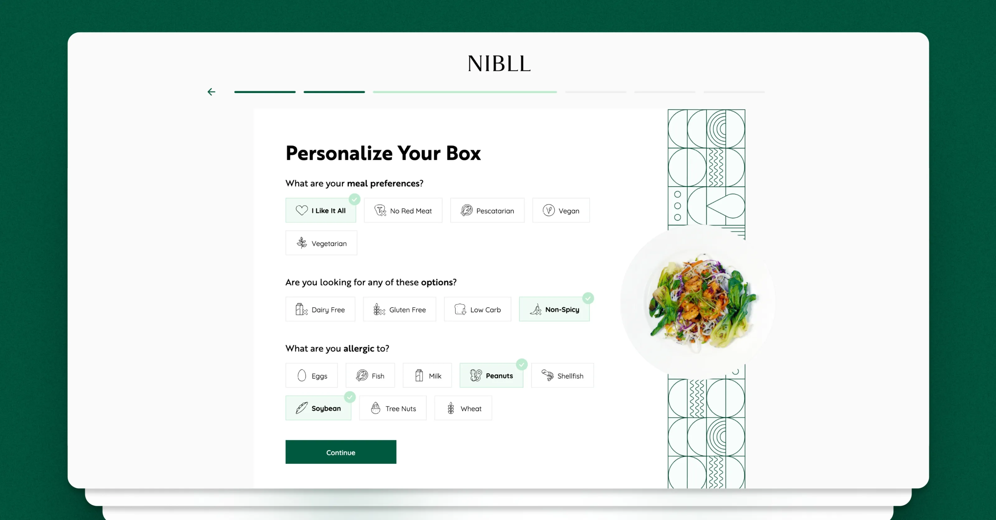 NIBLL checkout flow screen for personalizing meal preferences and allergies.