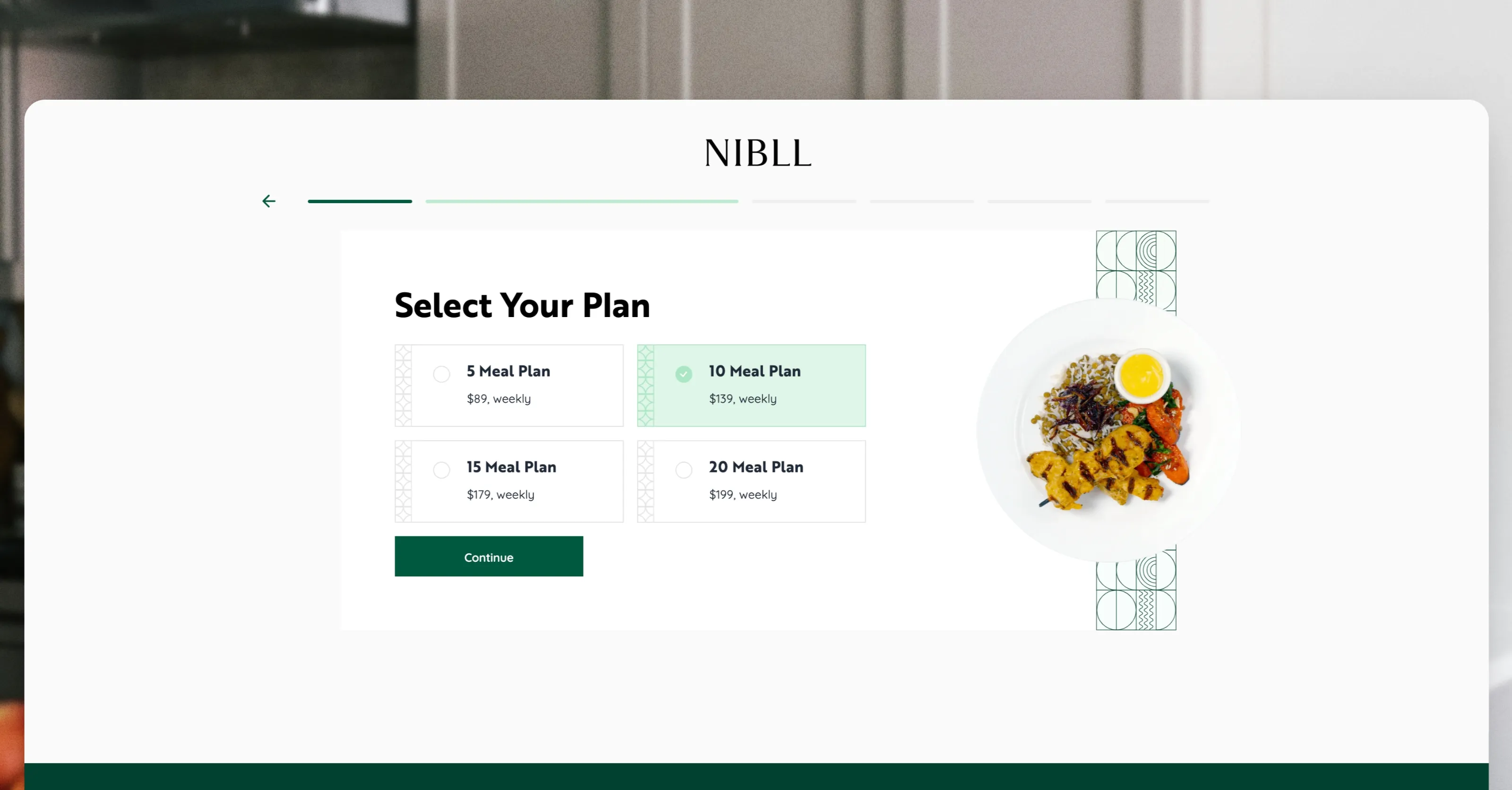 NIBLL checkout flow screen for selecting a weekly meal plan.