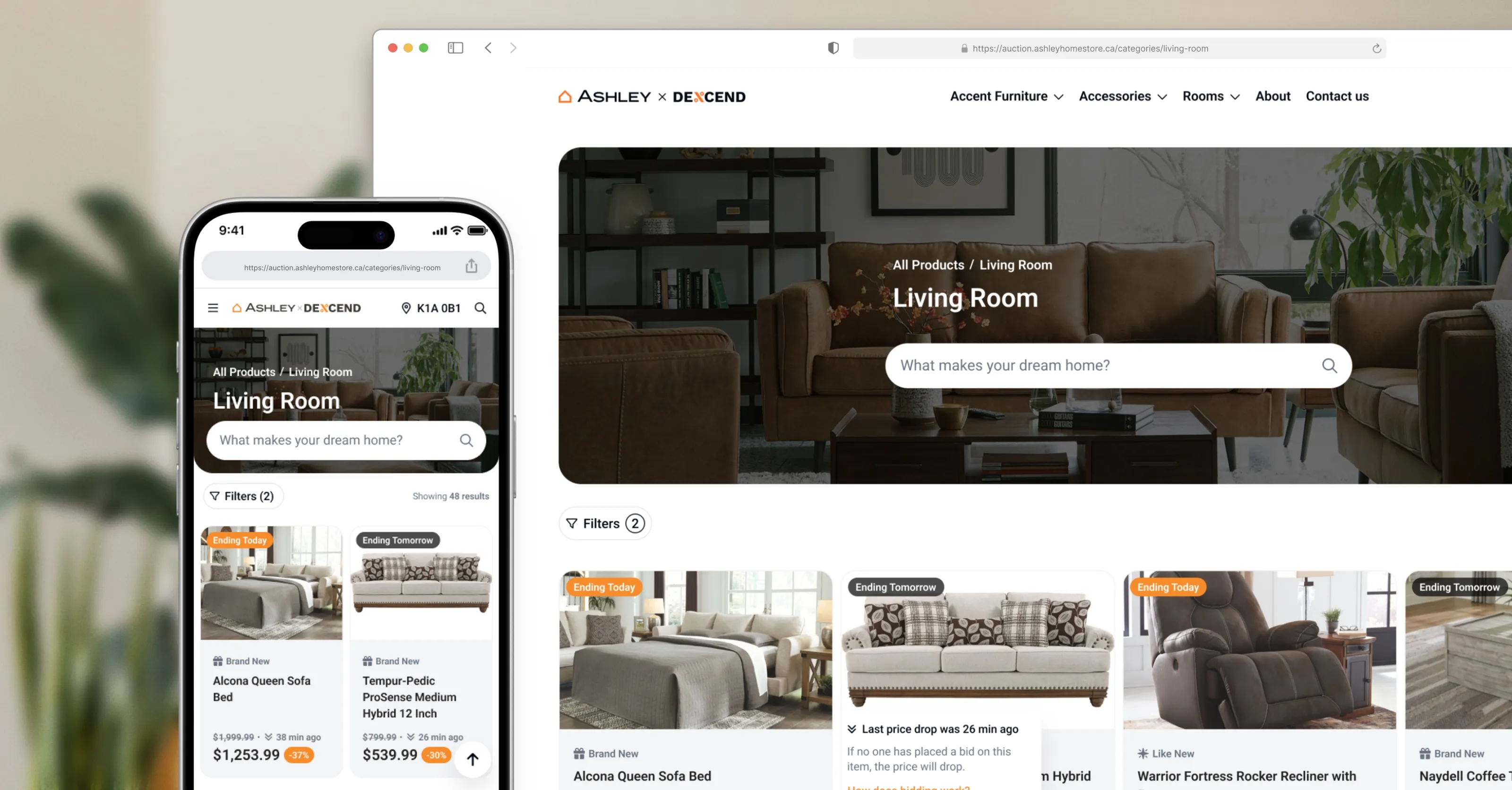 Responsive e-commerce mockup for Ashley x Descend living room furniture on desktop and mobile, with category hero, product grid, and sale badges.