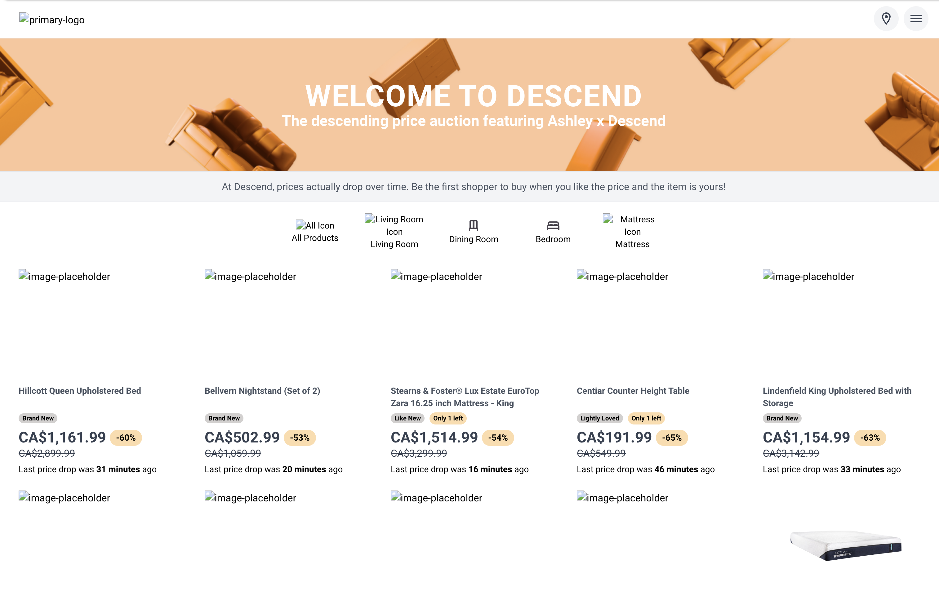 Before: original Ashley x Descend landing page design.