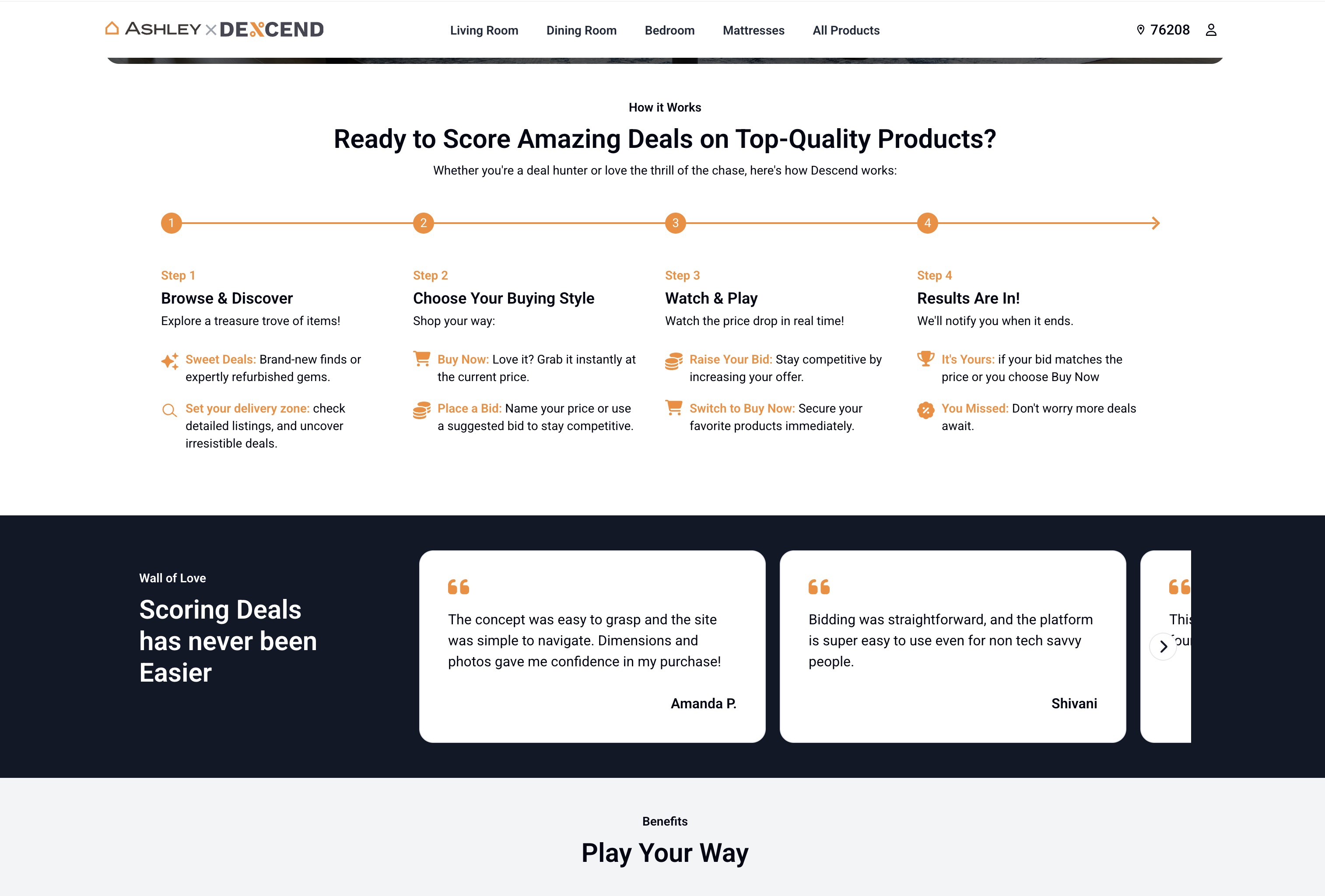 Ashley x Descend How It Works page explaining the descending auction process step by step.